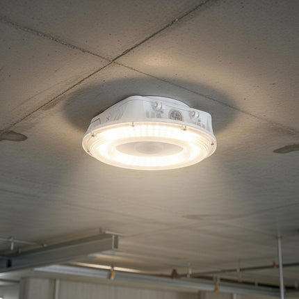 LED Round Canopy Light Lumen Selectable 3,000/6,000/8,000/10,000/11,000LM Kelvin Selectable 3K/4K/5K Built-In Photocell Plug-In Sensor Ready