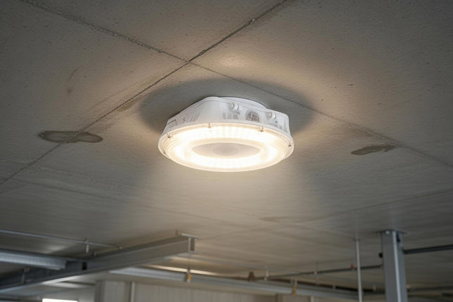 LED Round Canopy Light Lumen Selectable 3,000/6,000/8,000/10,000/11,000LM Kelvin Selectable 3K/4K/5K Built-In Photocell Plug-In Sensor Ready